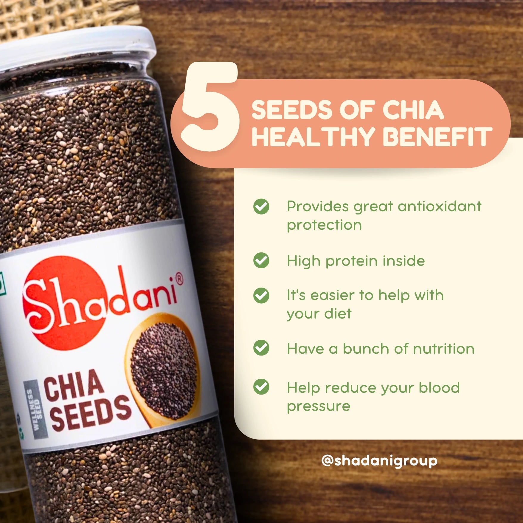 Shadani chia seeds packaging with health benefits listed on a wooden background