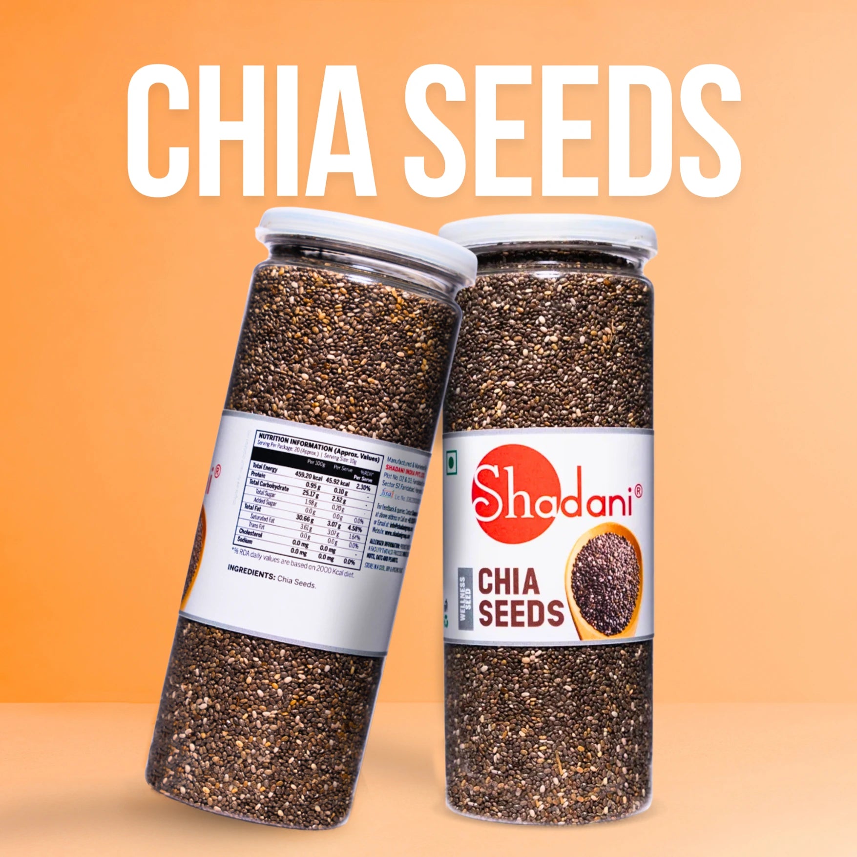 Two jars of Shadani chia seeds on an orange background