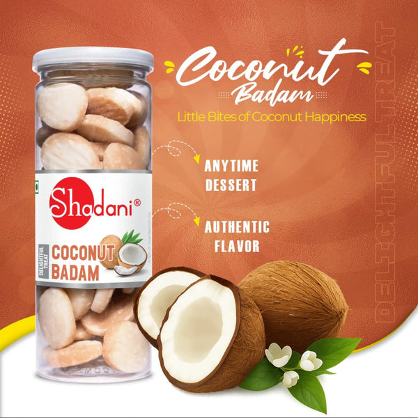 Shadani Coconut Badam packaging with coconuts and flowers on a brown background