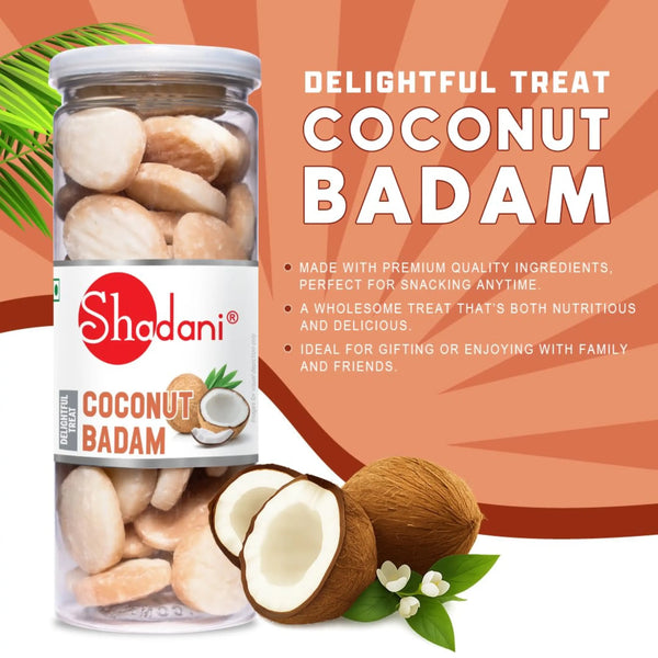 Jar of Shadani Coconut Badam with promotional text on an orange background