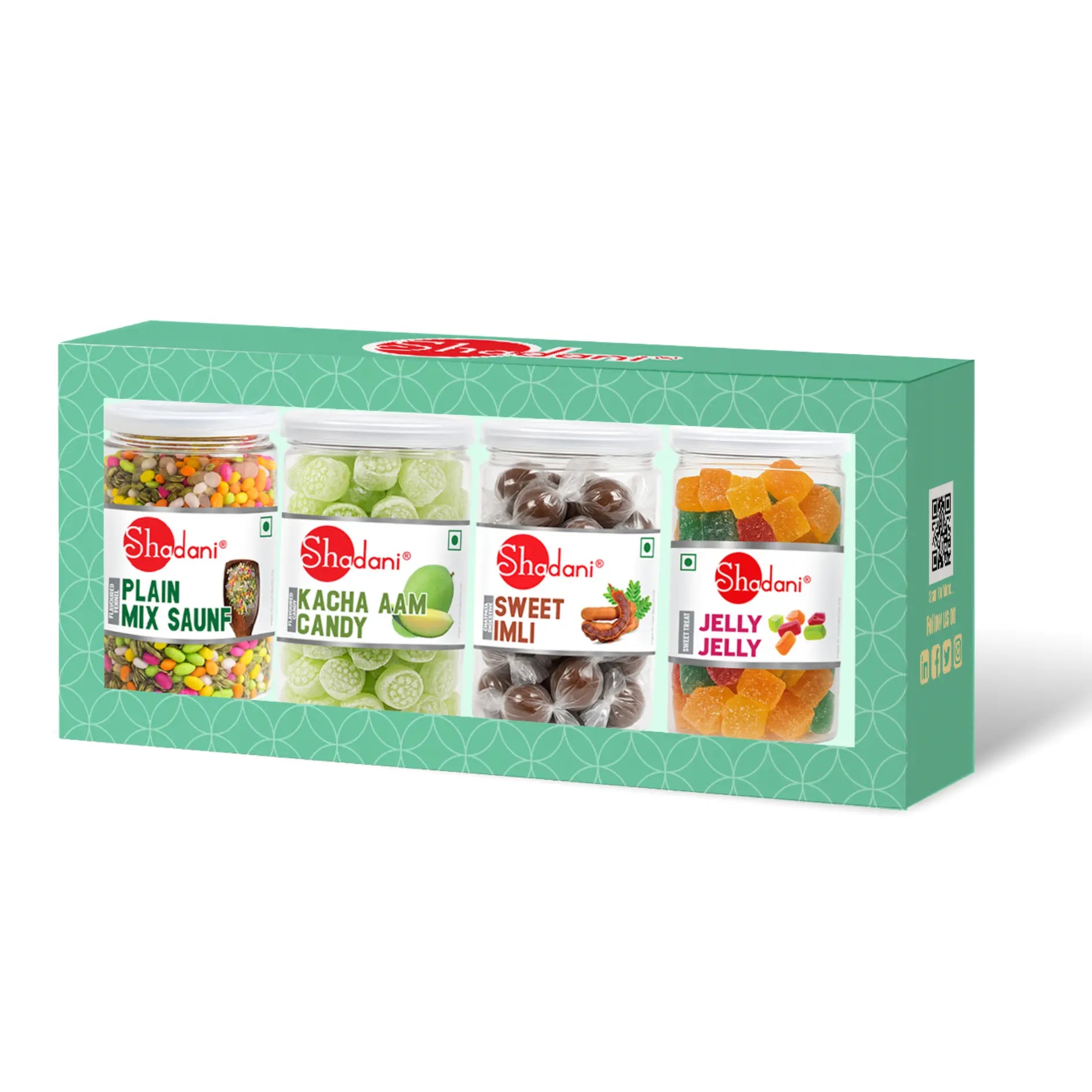 Shodani assorted candies box with colorful candy jars on a white background, corporate Special gifting Hamper