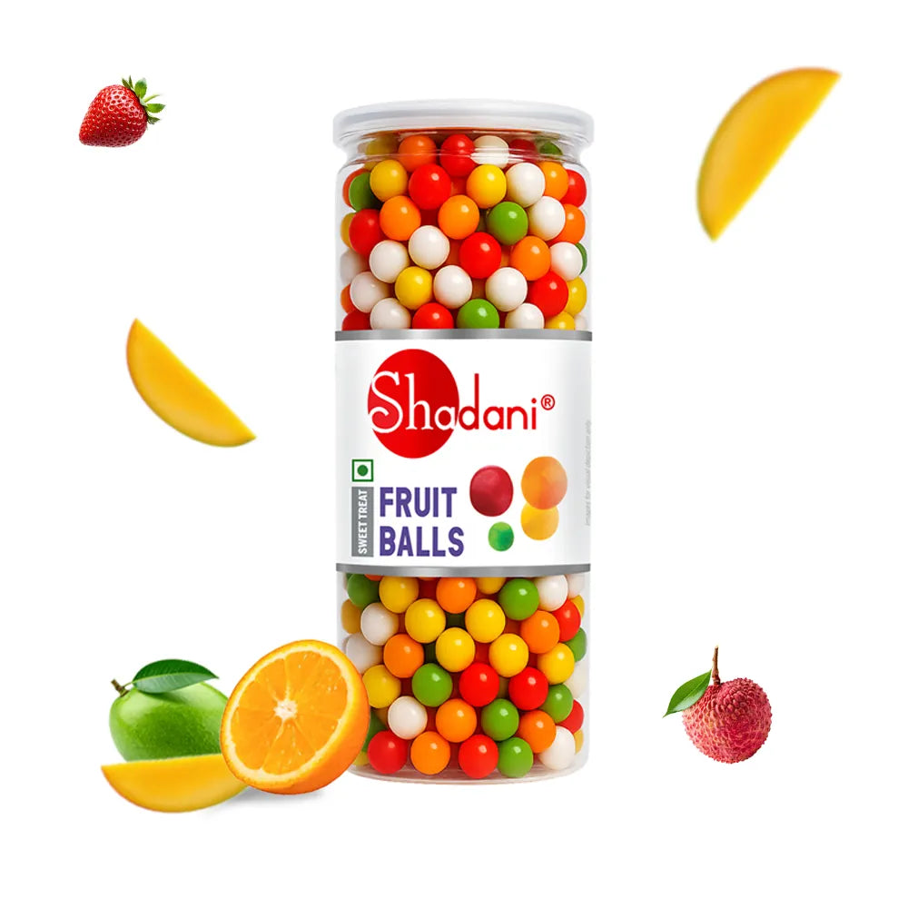 Shadani Fruit Balls packaging with colorful fruit balls and fruit slices on a white background
