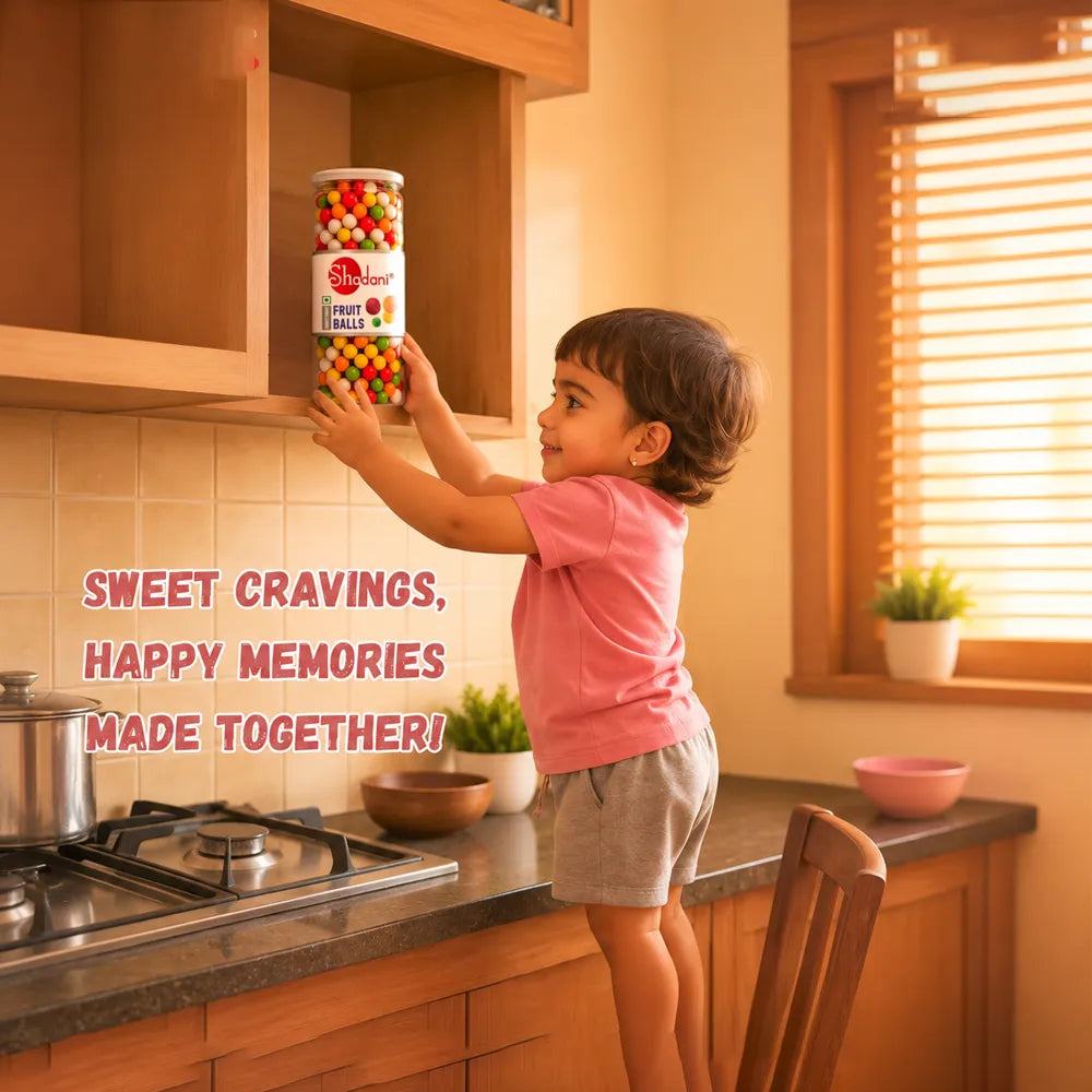 Child in a kitchen reaching for a container of Skittles, with text about sweet cravings and happy memories.