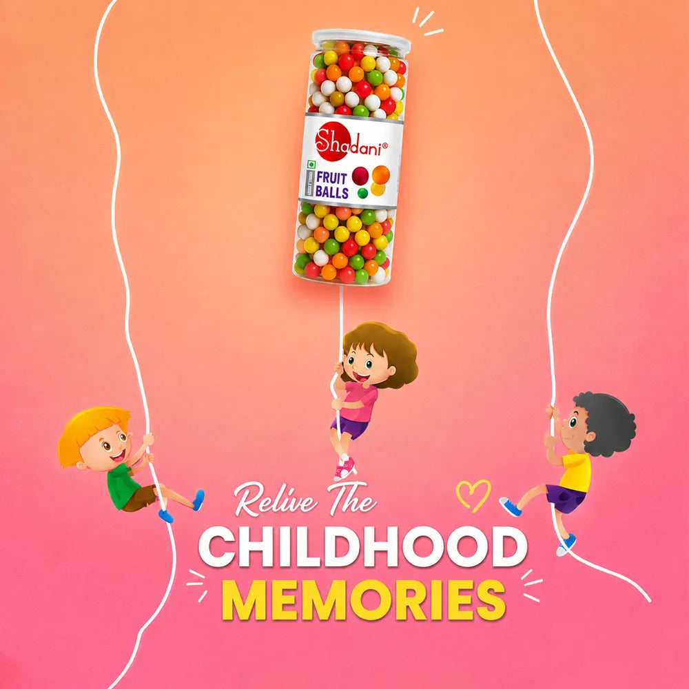 ShadaniFruit Balls packaging with children playing on a rope against a gradient background