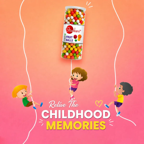 ShadaniFruit Balls packaging with children playing on a rope against a gradient background