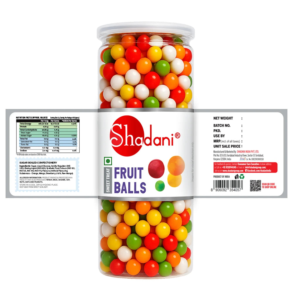 Can of Shadani Fruit Balls with colorful gumballs on a white background