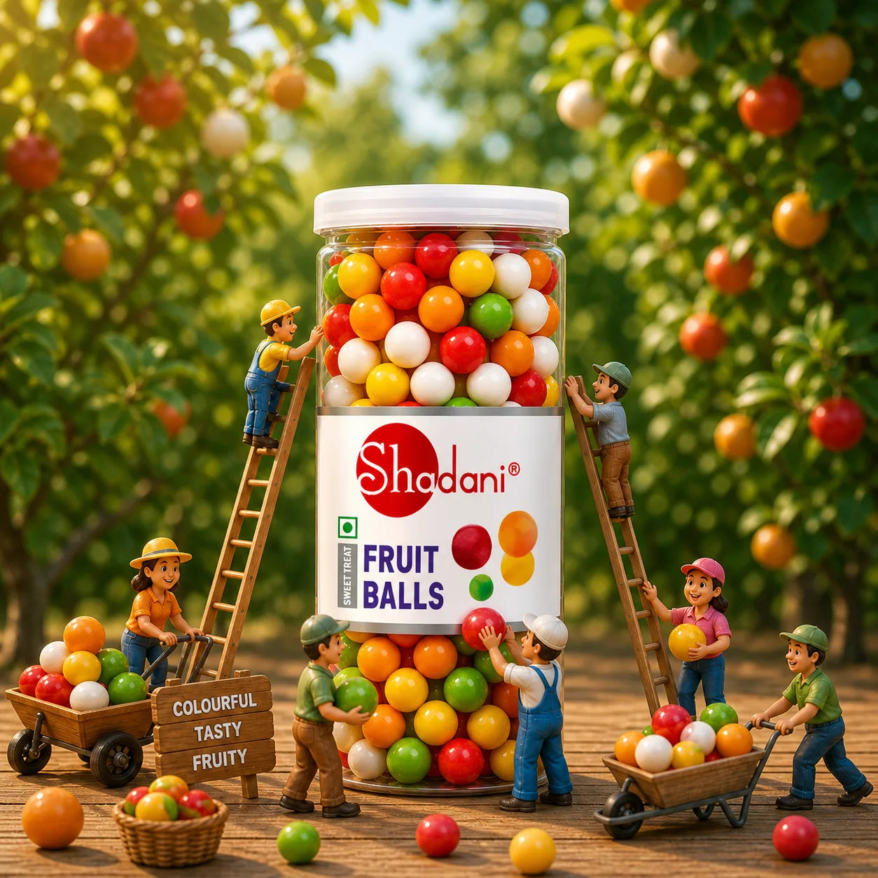 Toy scene with children and Shadani fruit balls against a backdrop of an apple orchard.