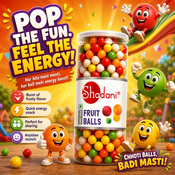 Shadani Fruit Balls packaging with colorful characters and promotional text on a bright background