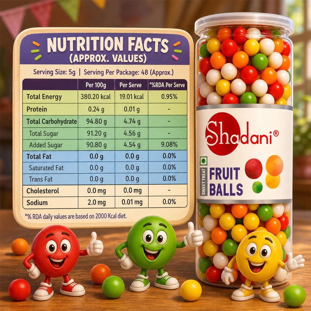 Shadani Fruit Balls packaging with nutrition facts label and cartoon characters on a wooden surface.