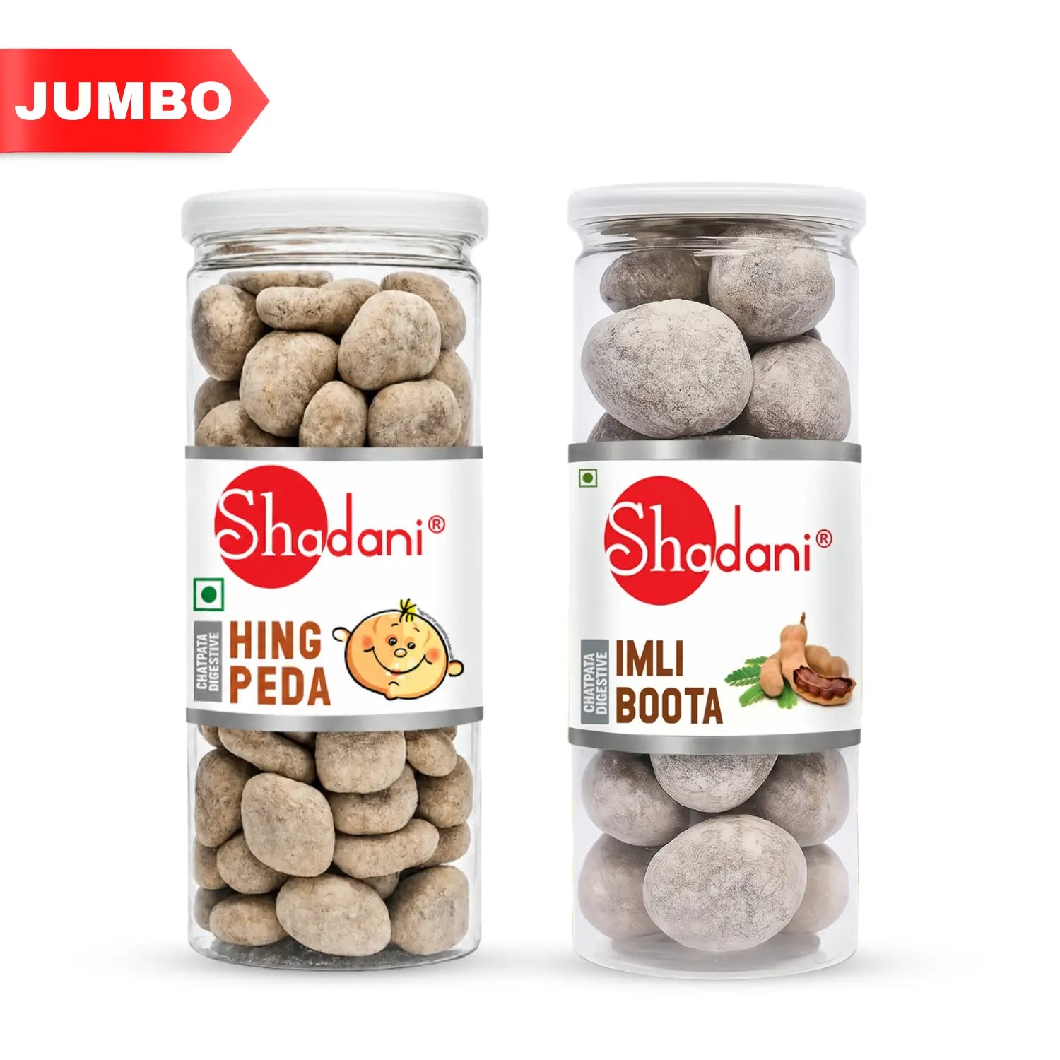 Two clear plastic jars of Shadani brand snacks on a white background, with a red 'JUMBO' banner in the top left. The left jar is labeled 'HING PEDA' and the right jar is labeled 'IMLI BOOTA'.