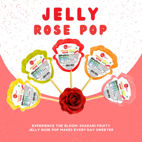 Jelly Rose Pop packaging with a red rose on a pink background