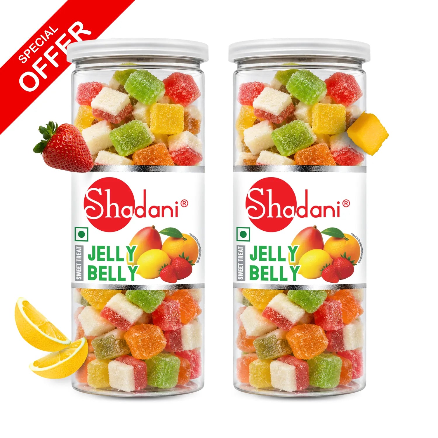 Two clear plastic jars of Shadani Jelly Belly candy filled with colorful fruit-flavored gummy cubes, shown on a white background with a red 'SPECIAL OFFER' banner and fruit illustrations.