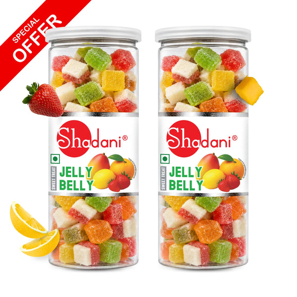 Two clear plastic jars of Shadani Jelly Belly candy filled with colorful fruit-flavored gummy cubes, shown on a white background with a red 'SPECIAL OFFER' banner and fruit illustrations.