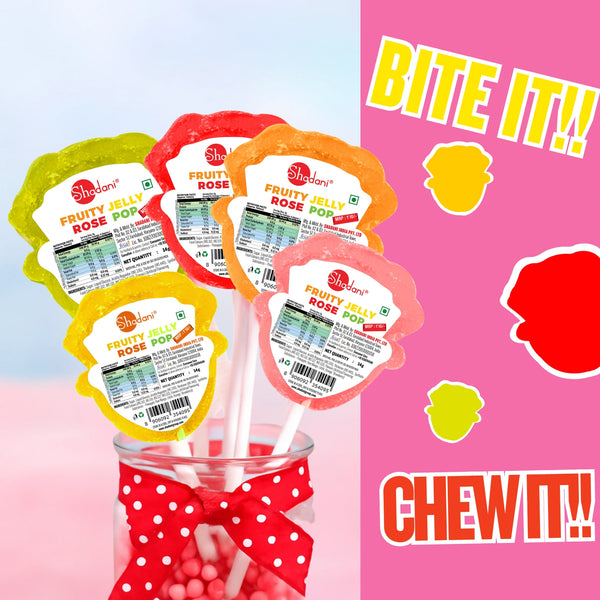 Fruity jelly rose pops with colorful packaging and promotional text on a pink background