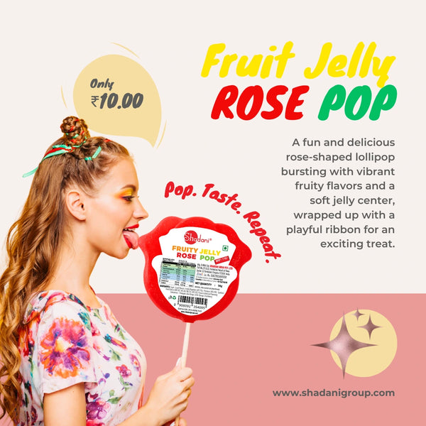 Advertisement for Fruit Jelly Rose Pop with a woman holding the product.