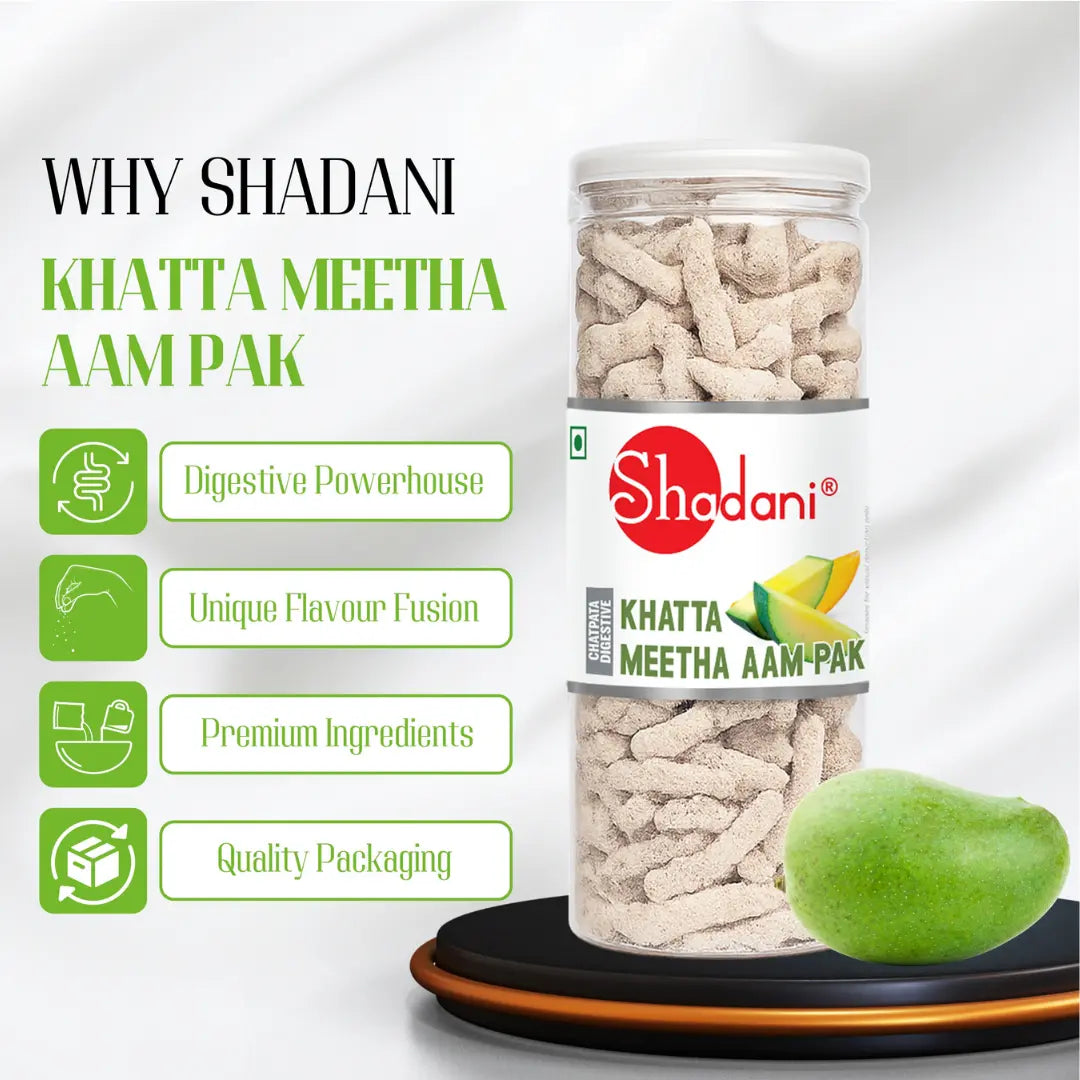 Shadani Khatta Meetha Aam Pak jar with a green mango on a white background