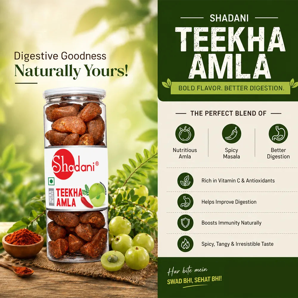 Shadani TEEKHA AMLA product with ingredients and benefits listed on a green background