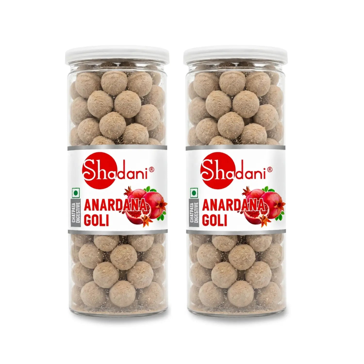 Two clear plastic can of Shadani Anardana Goli (pomegranate candy) side by side on a white background.