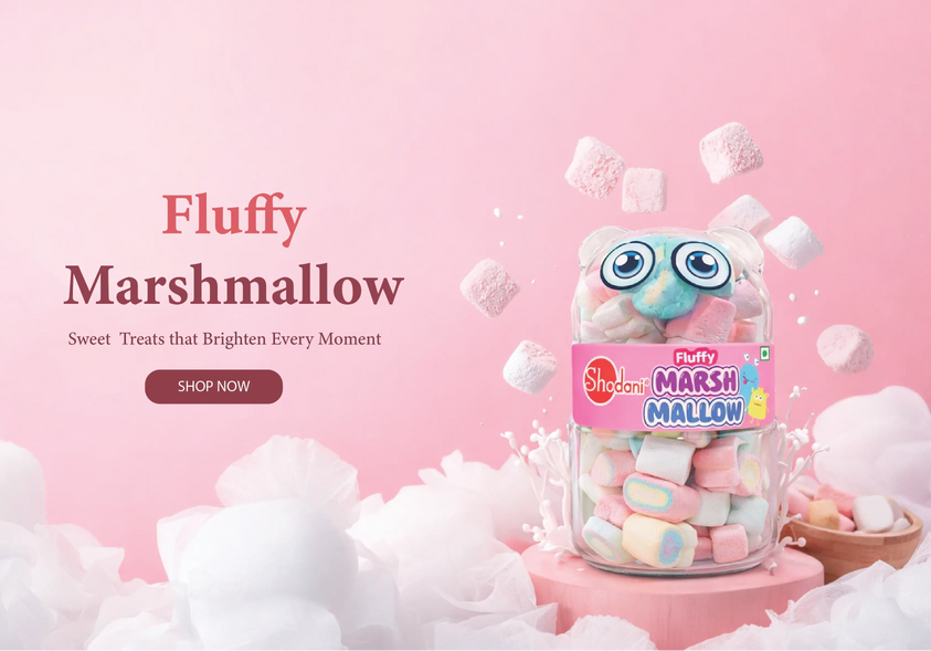 Jar of fluffy marshmallows with a pink background and 'Fluffy Marshmallow' branding of shadani website banner