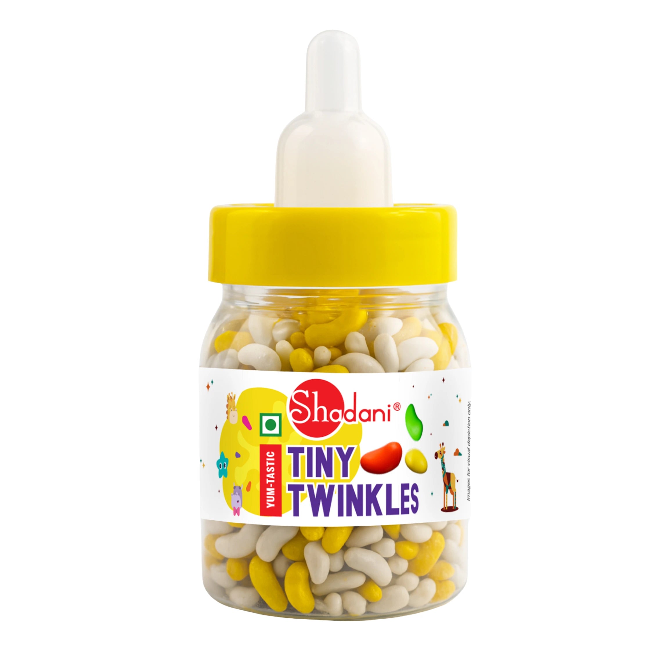 Jar of 'Tiny Twinkles' candies with a yellow lid on a white background